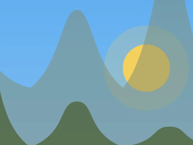 Paisagem pintada da tela Mente: um céu azul, um sol amarelo e colinas verdes em camadas.