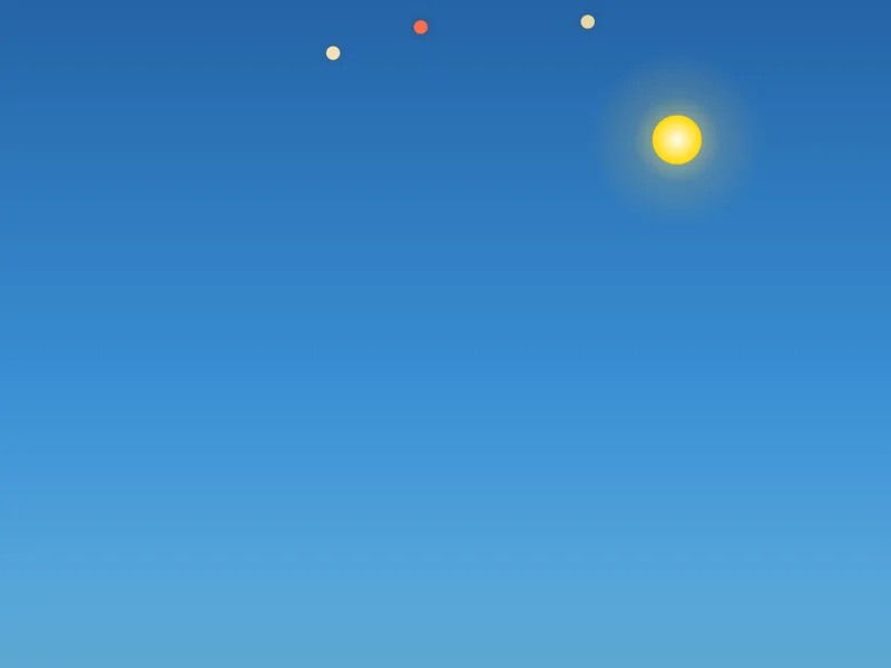 Céu pintado da tela Alma: o sol e três planetas contra um céu azul profundo.